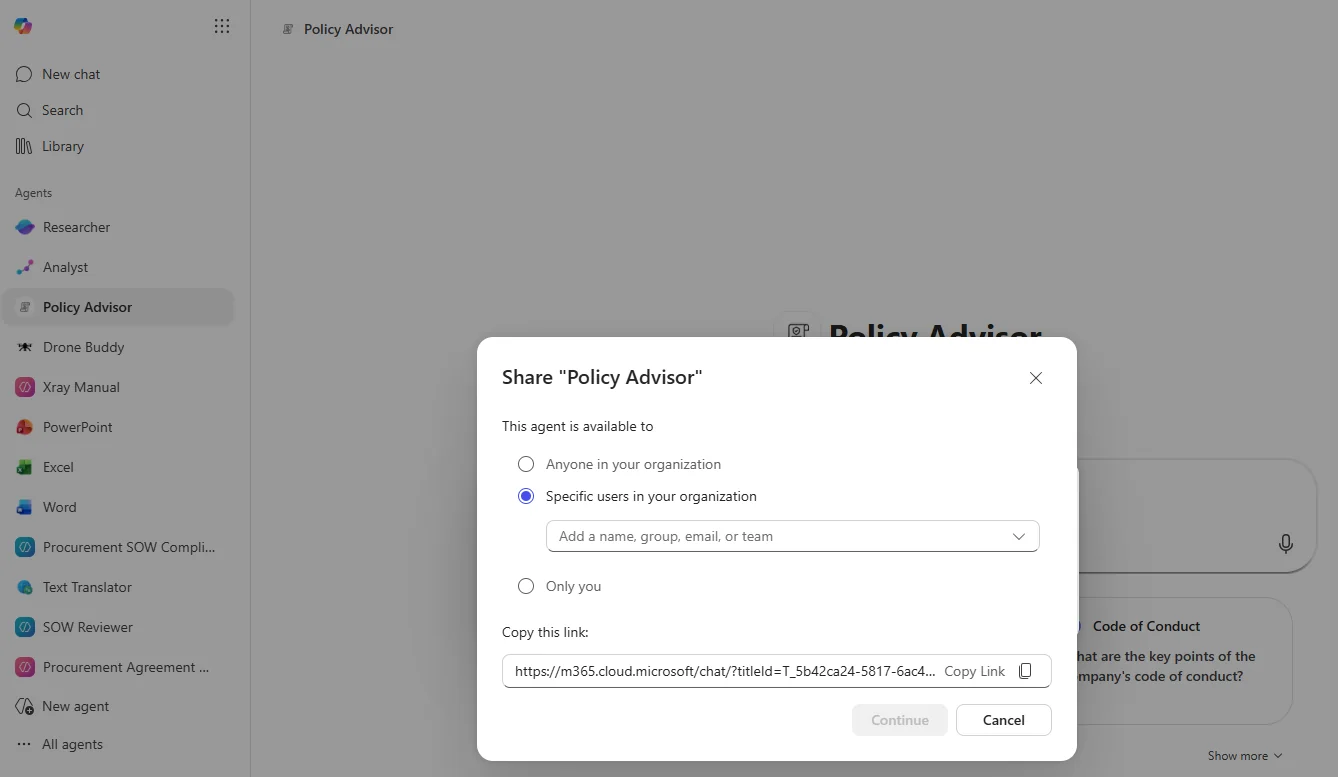 Agent sharing dialog for 'Policy Advisor' — radio options for 'Anyone in your organization', 'Specific users in your organization' (selected, with people/team picker), or 'Only you', plus a Copy Link option below for sending the share link directly.