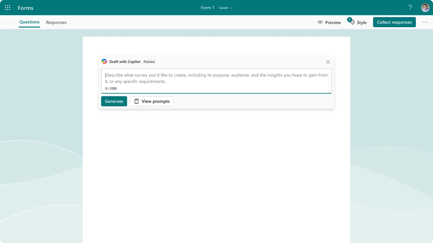 Microsoft Forms with the 'Draft with Copilot' dialog open — a composer asking 'Describe what survey you'd like to create, including its purpose, audience, and the insights you hope to gain' with a Generate button below.
