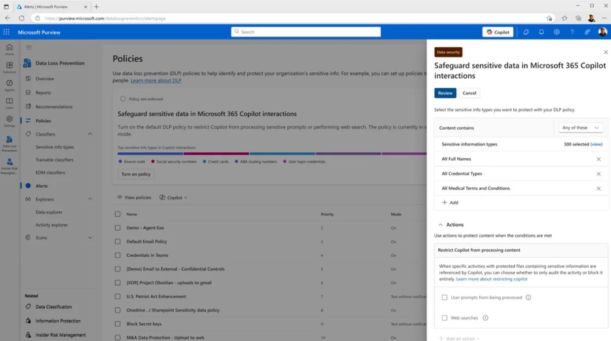 Microsoft Purview Data Loss Prevention page showing the 'Safeguard sensitive data in Microsoft 365 Copilot interactions' policy creation flow — sensitive information types selected (All Full Names, All Credential Types, All Medical Terms) with actions to 'Restrict Copilot from processing content' for user prompts and web searches.