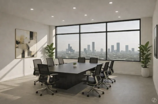 An AI-generated image of an empty modern conference room with a large window view of a city skyline — a small Copilot icon watermark sits subtly in the bottom-right corner, signalling the image was produced by Copilot.