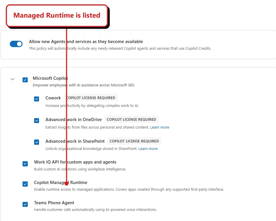 My spending-policy wizard capture. The callout Managed Runtime is listed points to Copilot Managed Runtime among the services. Allow new Agents and services as they become available is switched on. This is the selection step, not a saved policy.