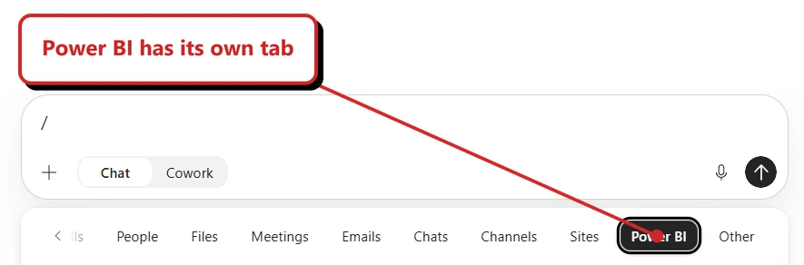 Chat composer with Chat selected and its context-picker categories underneath. Power BI has its own tab points to the selected Power BI category. Report names are outside the crop.