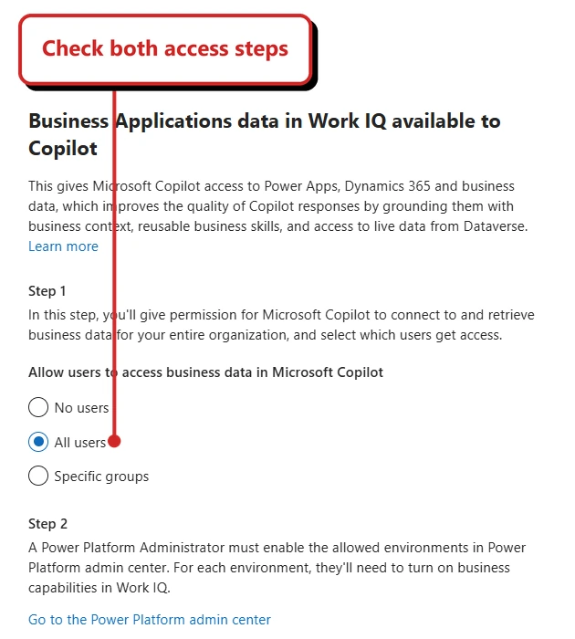 Business Applications data in Work IQ available to Copilot settings panel. All users is selected under Step 1; Step 2 says a Power Platform Administrator must enable the allowed environments. Check both access steps points to the audience choice.