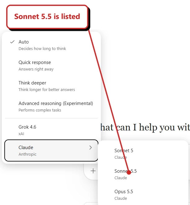 Model selector with Auto, Quick response, Think deeper and Advanced reasoning options, plus Grok and a Claude submenu. Sonnet 5.5 is listed points to Sonnet 5.5 between Sonnet 5 and Opus 5.5. GPT-6.1 Sol is not shown.