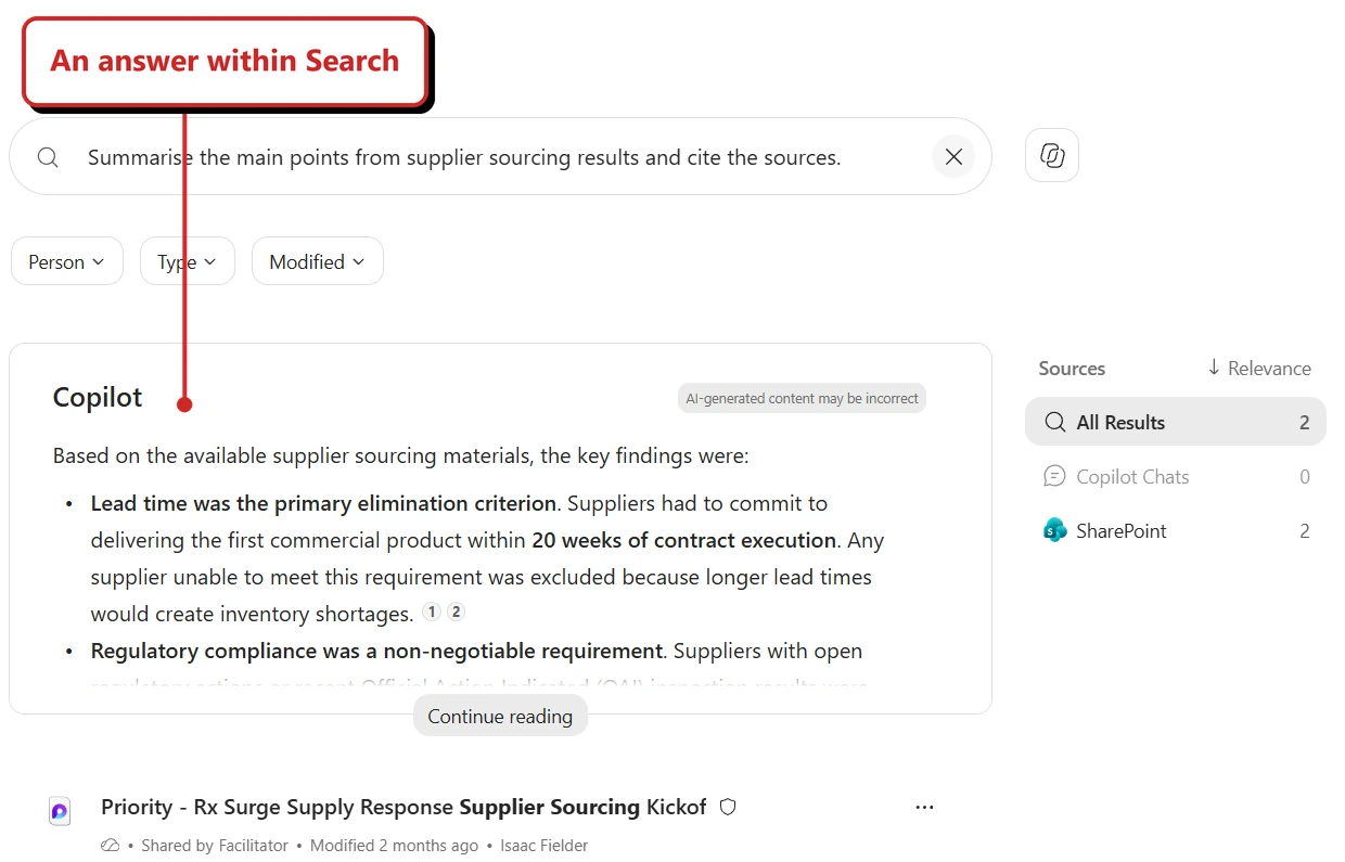 Search query asks for supplier-sourcing main points and sources. A Copilot answer card contains numbered citations, with SharePoint results and source counts alongside it. An answer within Search points to the answer card.