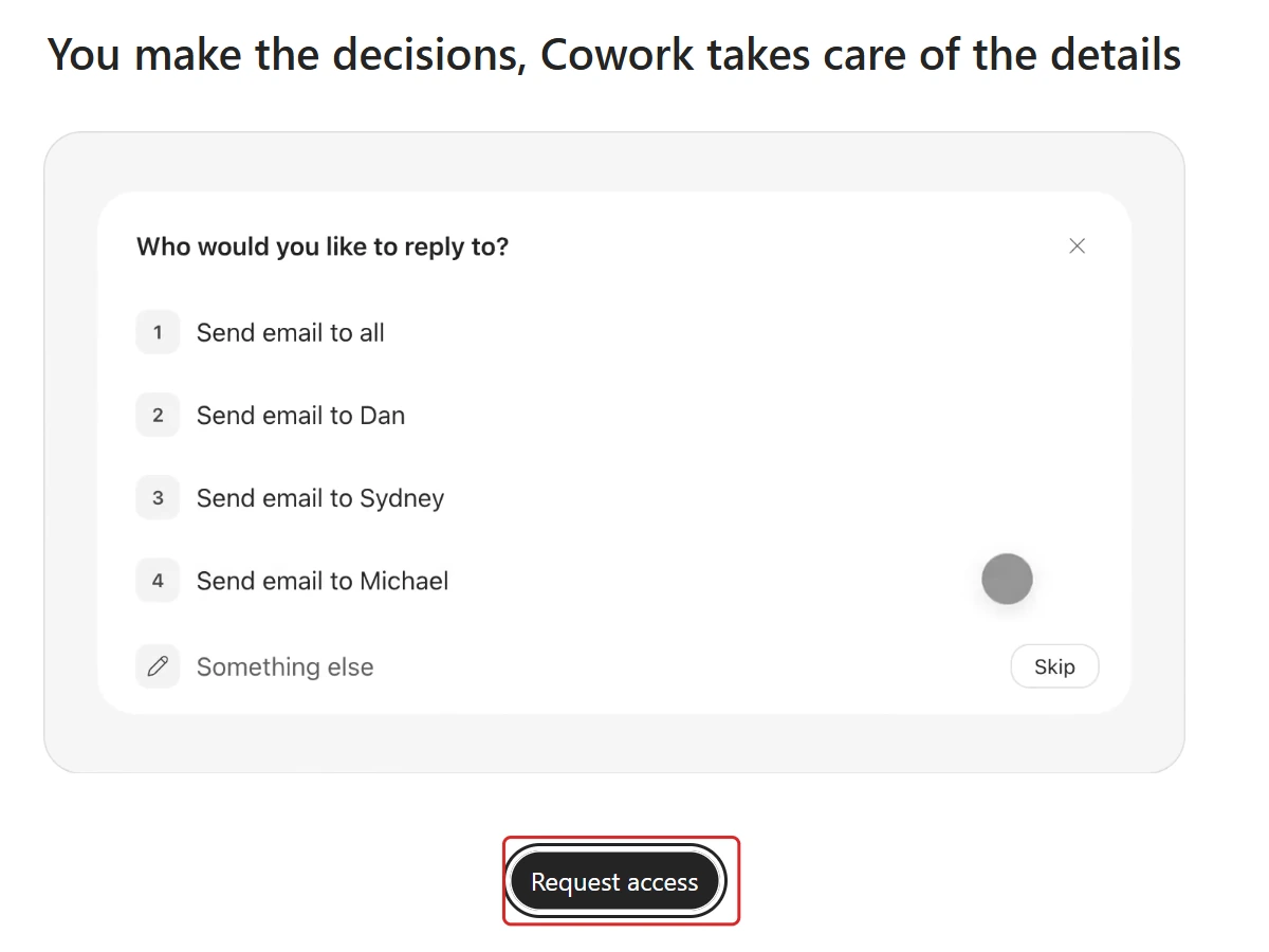 Cowork landing screen with an onboarding demonstration panel and a red outline around the actual Request access button below it.