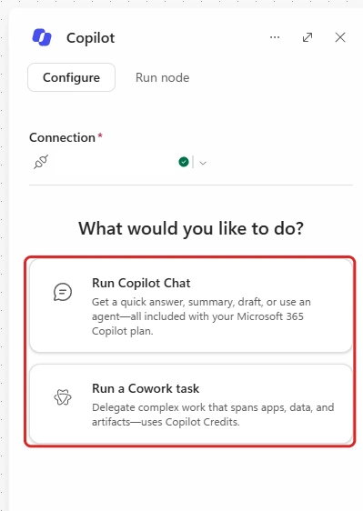 My Copilot node configuration shows an existing connection with its account name hidden. A red outline frames Run Copilot Chat and Run a Cowork task; the Cowork card says it uses Copilot Credits.