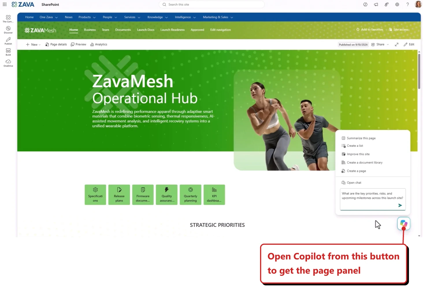 Official Microsoft image of a SharePoint site page called ZavaMesh Operational Hub with a Copilot pop-up open beside it. The pop-up lists suggestions: Summarize this page, Create a list, Improve this site, Create a document library and Create a page, with a prompt box and an Open chat link at the bottom. Callout: “Open Copilot from this button to get the page panel”