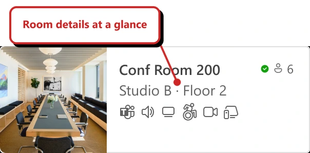 Official Microsoft screenshot. Conf Room 200 card with a conference-room photograph, Studio B, Floor 2, a six-person capacity and room-equipment icons. Callout: “Room details at a glance”.