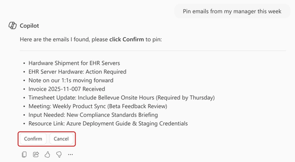 Cropped official Microsoft screenshot of Copilot Chat. The prompt reads Pin emails from my manager this week. Copilot lists eight emails before acting. A red outline highlights the Confirm and Cancel buttons.