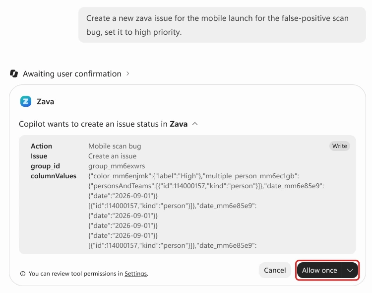 Official Microsoft screenshot of Copilot Chat with a Zava confirmation card. Copilot wants to create an issue status in Zava, shows the action parameters, and offers Cancel and Allow once buttons. A red outline highlights Allow once and its approval-options menu.