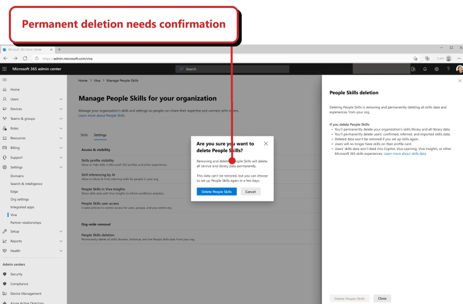 Official Microsoft screenshot. People Skills deletion flyout and a centred Are you sure you want to delete People Skills confirmation; text says data cannot be restored, with Delete People Skills and Cancel buttons. Callout: “Permanent deletion needs confirmation”.