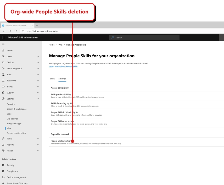 Official Microsoft screenshot. Manage People Skills for your organization settings page; Access and visibility controls above Org-wide removal and People Skills deletion. Callout: “Org-wide People Skills deletion”.