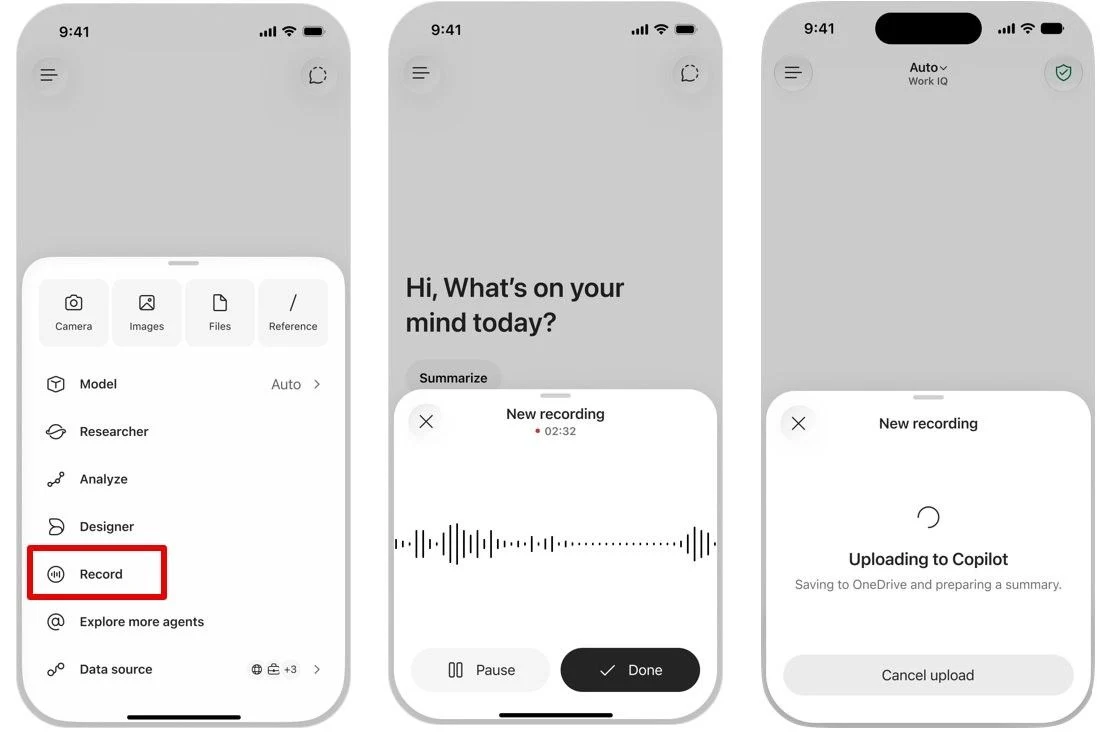 Official Microsoft image of three iPhone screens side by side. The first shows the attach menu with a red box already drawn round Record. The second shows New recording at 02:32 with a waveform and Pause and Done buttons. The third reads Uploading to Copilot, Saving to OneDrive and preparing a summary.