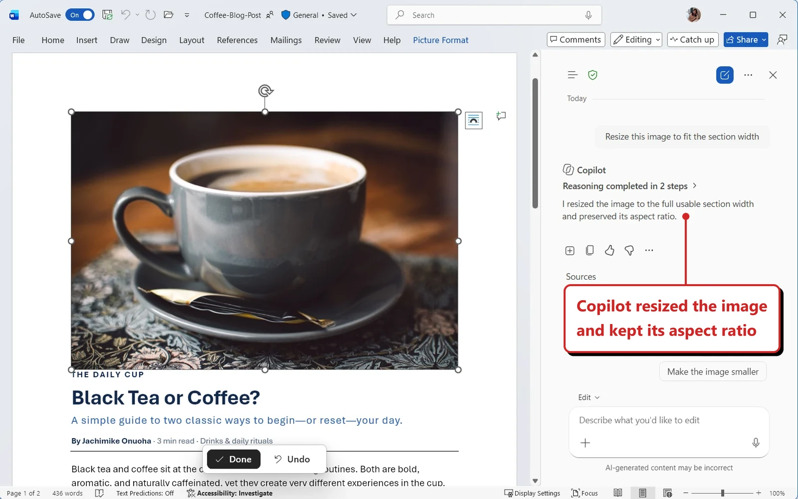 Official Microsoft image of a Word document titled Coffee-Blog-Post with a coffee cup picture selected. The Copilot prompt reads Resize this image to fit the section width, with Done and Undo buttons. Callout: “Copilot resized the image and kept its aspect ratio”