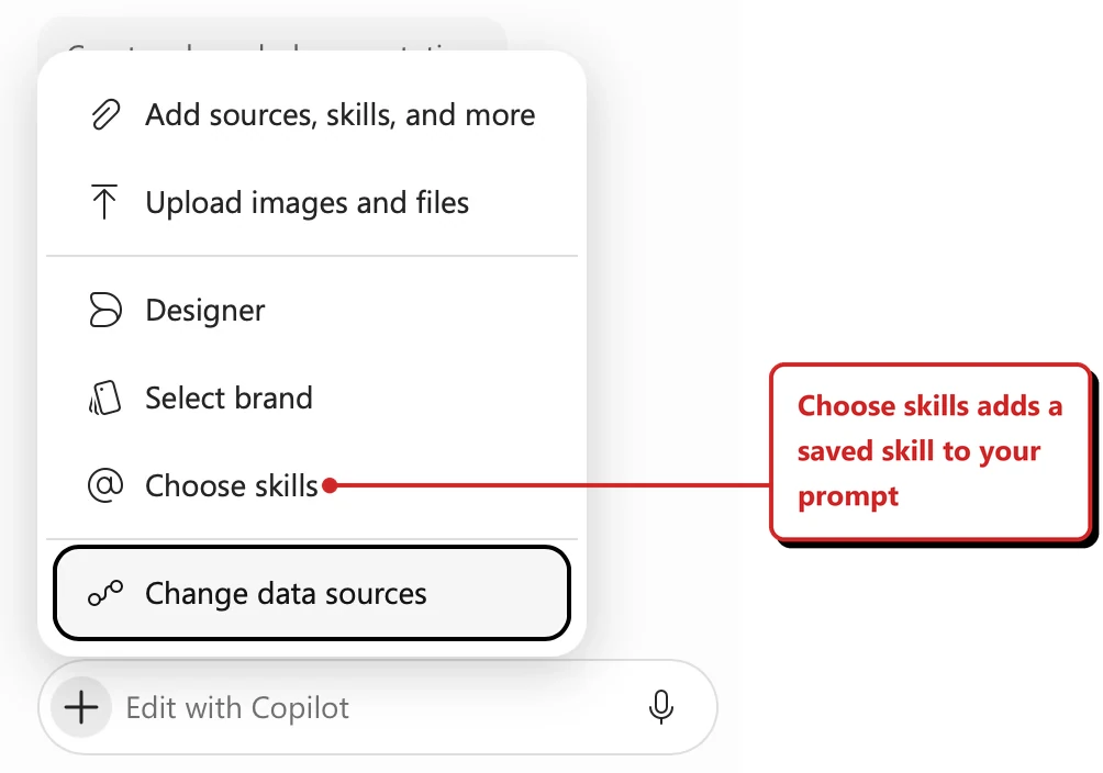 Official Microsoft image of the Copilot plus menu in PowerPoint. The entries are Add sources or skills, Upload, Designer, Select brand and Choose skills, and Change data sources is outlined by Microsoft. Callout: “Choose skills adds a saved skill to your prompt”