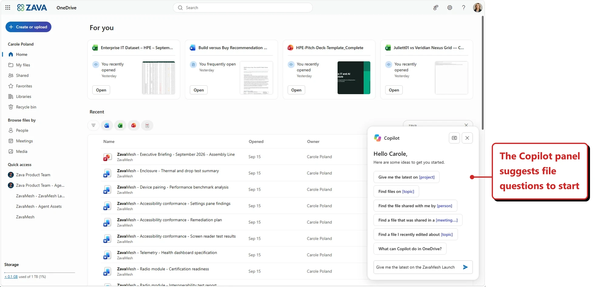 Official Microsoft image of the OneDrive For you page with a Copilot pane open. The pane reads Hello Carole, here are some ideas, followed by suggestion chips. Callout: “The Copilot panel suggests file questions to start”