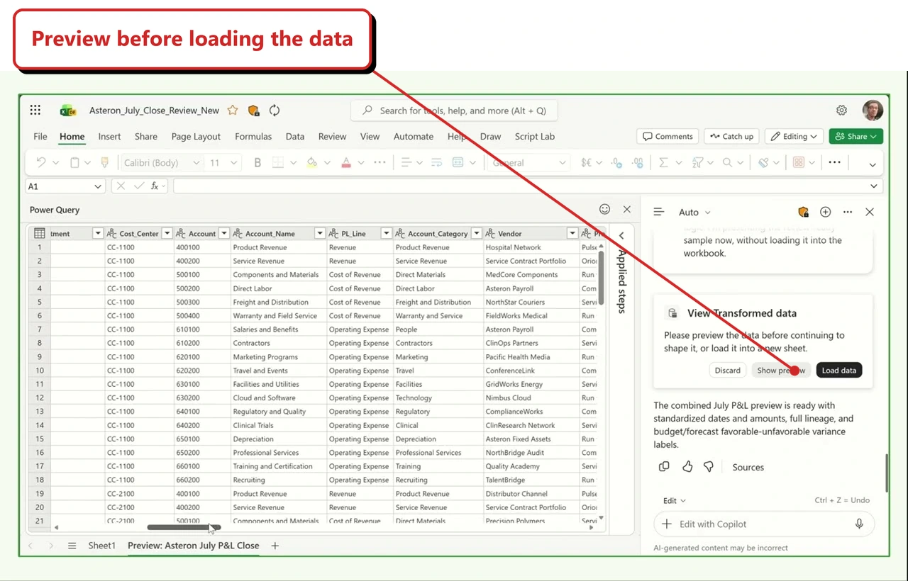 Poster frame from a Microsoft Excel demo. Excel Power Query table with Account_Name and Vendor columns; Copilot View Transformed data card offers Discard, Show preview and Load data. Callout: “Preview before loading the data”.