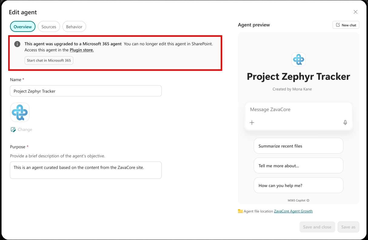 Official Microsoft screenshot. Edit agent window with a red-outlined banner saying This agent was upgraded to a Microsoft 365 agent, no longer editable in SharePoint; Plugin store link and Start chat in Microsoft 365 button.