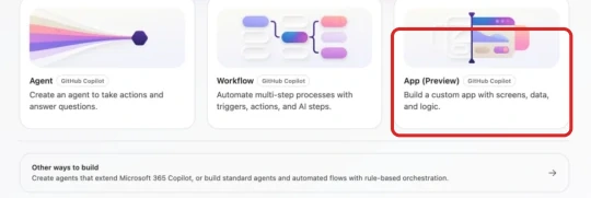 Microsoft's Studio home example shows Agent, Workflow and App (Preview) tiles. A red outline frames the App (Preview) tile.