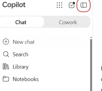The expanded left rail of Microsoft 365 Copilot in my own tenant. At the top is the Copilot wordmark with three small icons to its right, the last of which is circled in red. Below is a two-part pill switch reading Chat and Cowork with Chat selected. Beneath that, four rail entries are listed vertically with icons: New chat, Search, Library and Notebooks.