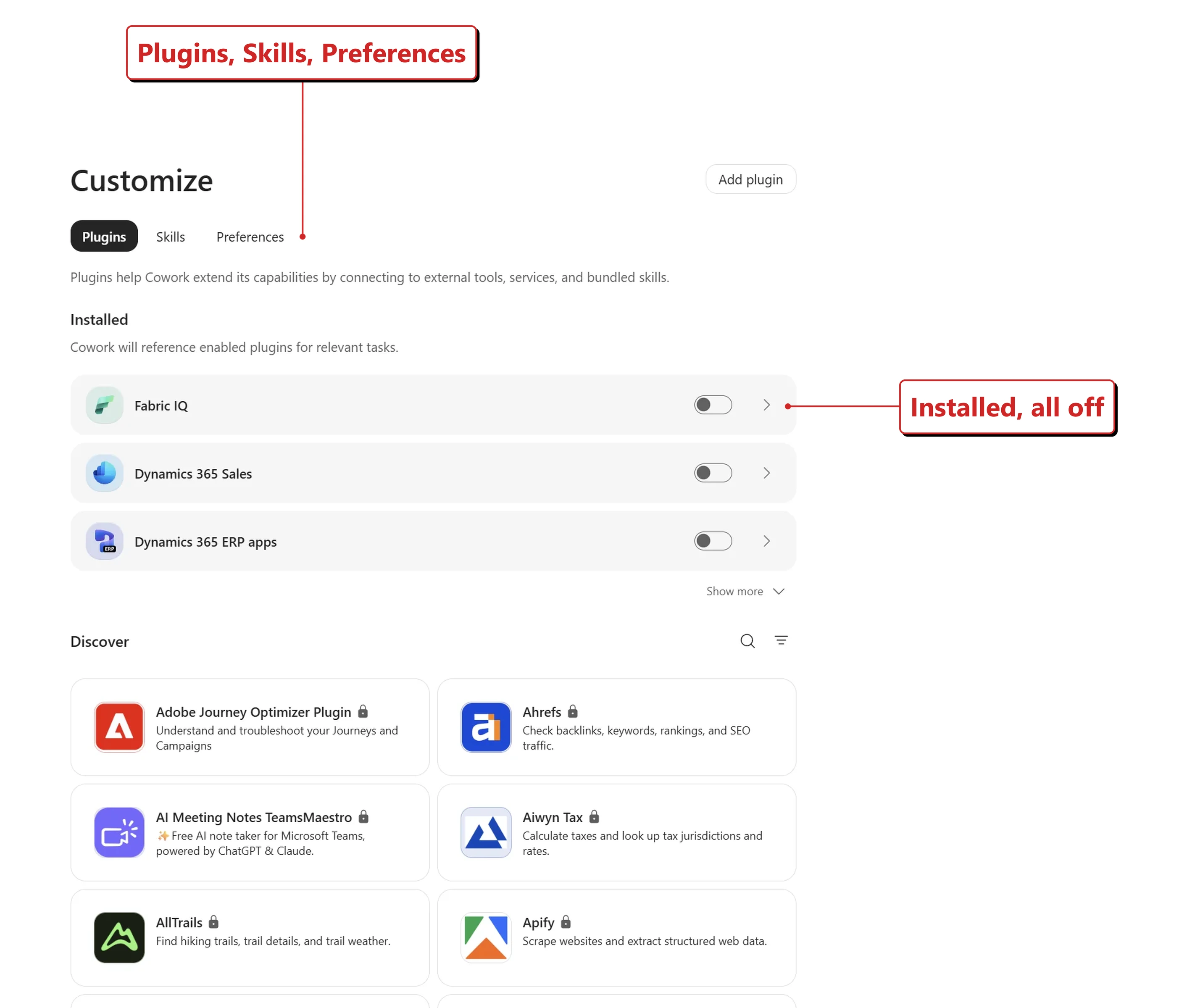The Customize page in Cowork in my own tenant, with tabs for Plugins, Skills and Preferences. An Installed heading lists Fabric IQ, Dynamics 365 Sales and Dynamics 365 ERP apps, each with a toggle switched off, followed by a Show more link. A Discover heading below lists Adobe Journey Optimizer, Ahrefs, an AI meeting notes plugin, Aiwyn Tax, AllTrails and Apify, each with a padlock icon. Red callouts added by me read: Plugins, Skills, Preferences; and Installed, all off.