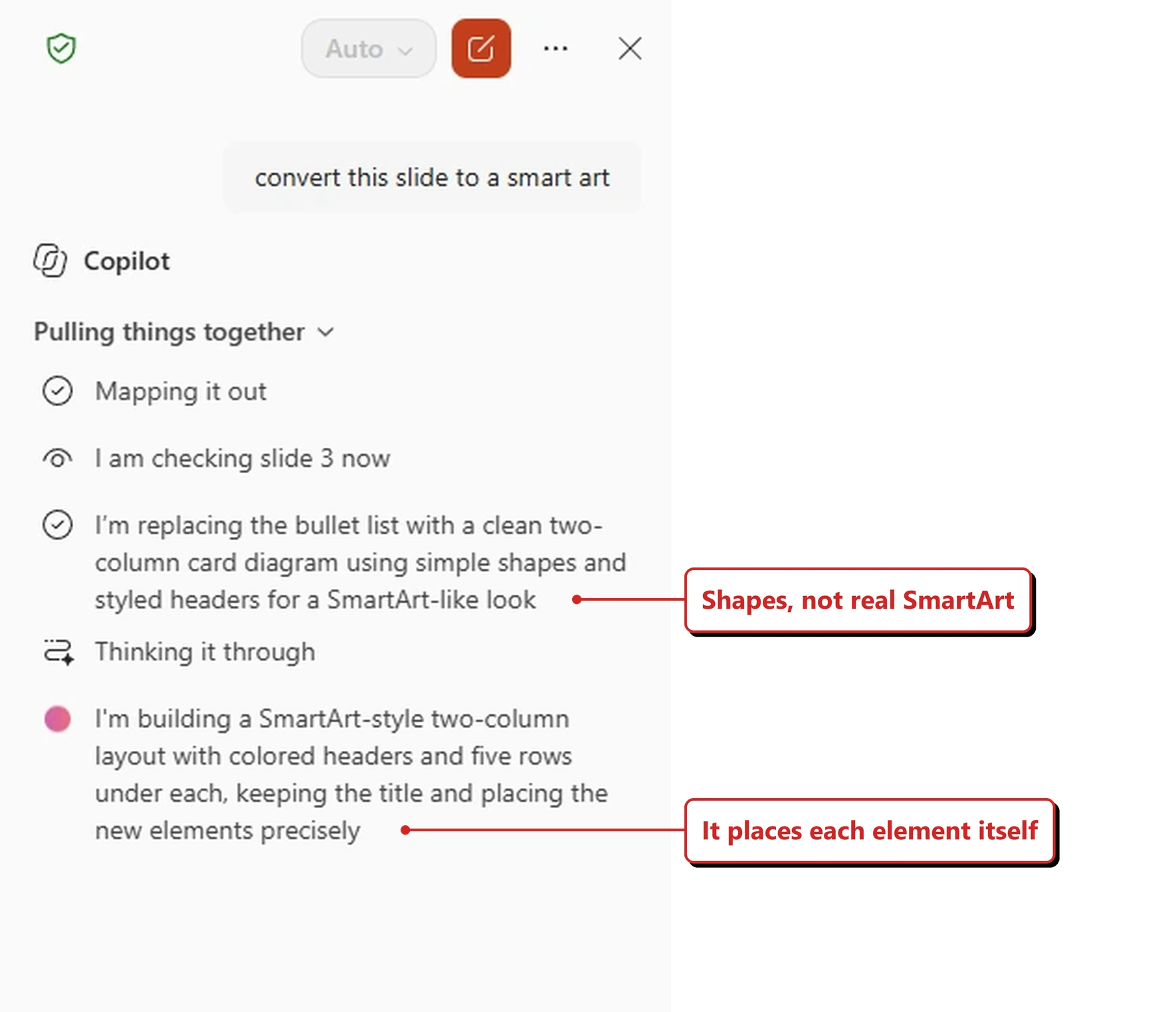 A capture from my own tenant showing the Copilot pane in PowerPoint. An expanded reasoning list reads: I am checking slide 3 now to see its current content and layout; I am replacing the bullet list with a clean two-column card diagram using simple shapes and styled headers for a SmartArt-like look; I am building a SmartArt-style two-column layout with colored headers and five rows under each, keeping the title and placing the new elements precisely. Red callouts added by me read: Shapes, not real SmartArt; and It places each element itself.