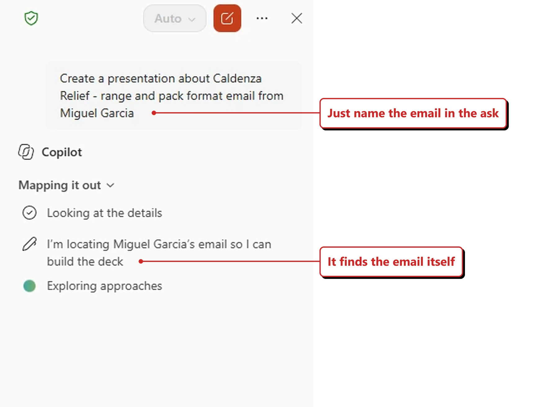 A capture from my own tenant showing the Copilot pane in PowerPoint. The prompt reads: Create a presentation about Caldenza Relief, range and pack format email from Miguel Garcia. Beneath it an expanded reasoning list shows the steps Mapping it out, Looking at the details, I am locating Miguel Garcia's email so I can build the deck, and Exploring approaches. Red callouts added by me read: Just name the email in the ask; and It finds the email itself.