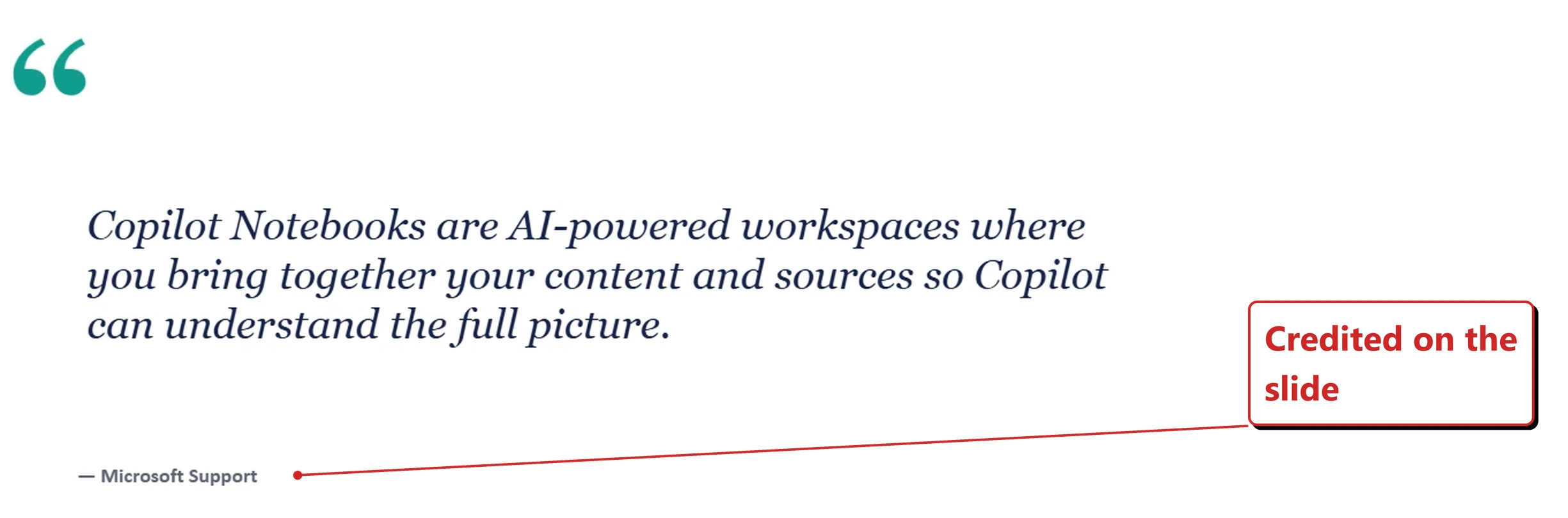 A finished slide from the deck Copilot generated in my own tenant. A large teal quotation mark sits top left. The quote, set in italic serif type, reads: Copilot Notebooks are AI-powered workspaces where you bring together your content and sources so Copilot can understand the full picture. Underneath, in small grey capitals, is the attribution: em dash Microsoft Support. A red callout added by me reads: Credited on the slide.