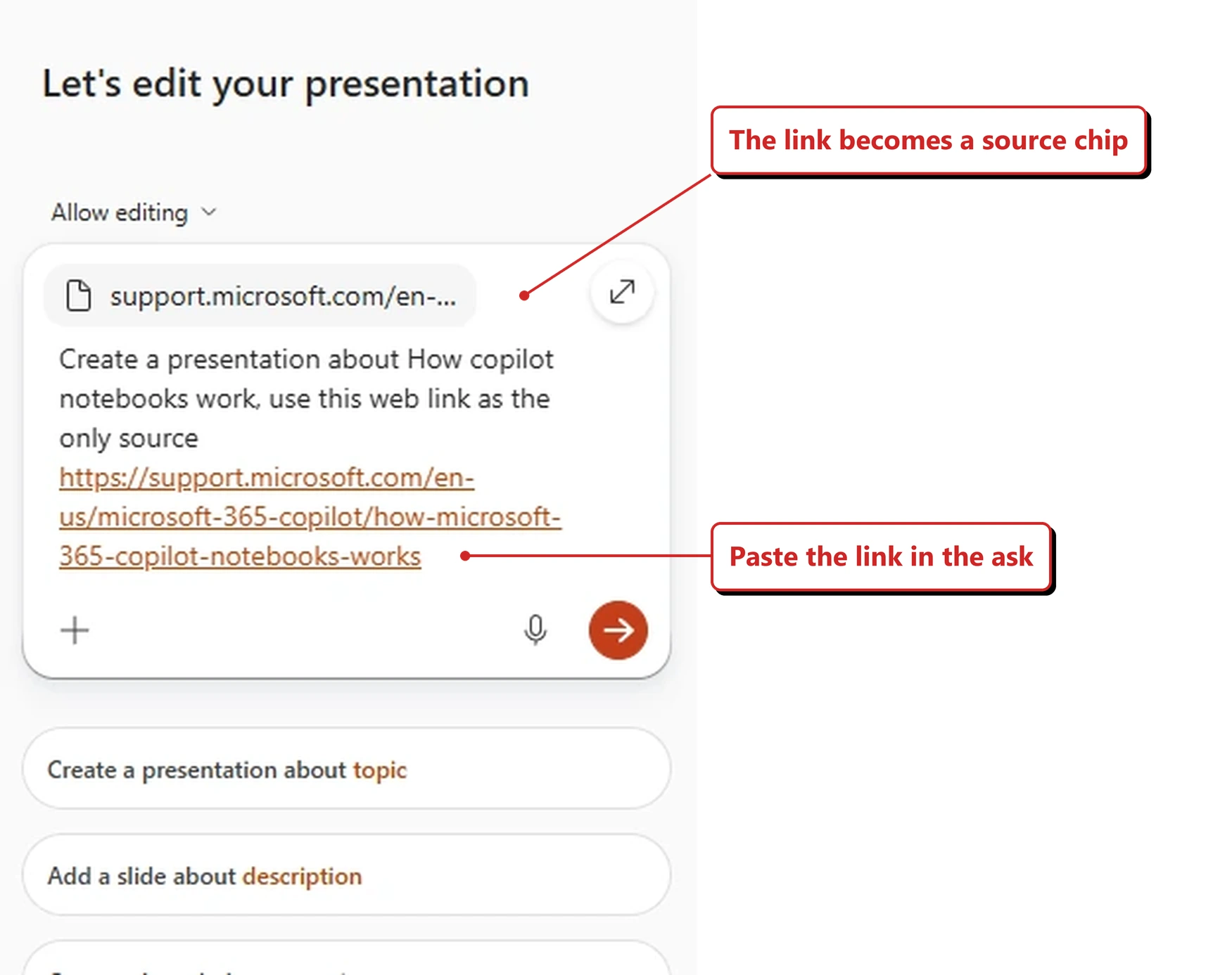 The Copilot create prompt in the PowerPoint web app in my own tenant. A source chip at the top of the prompt box reads support.microsoft.com/en-, with a document icon beside it. The prompt below reads: Create a presentation about How copilot notebooks work, use this web link as the only source, followed by the pasted URL rendered as a link. Red callouts added by me read: The link becomes a source chip; and Paste the link in the ask.