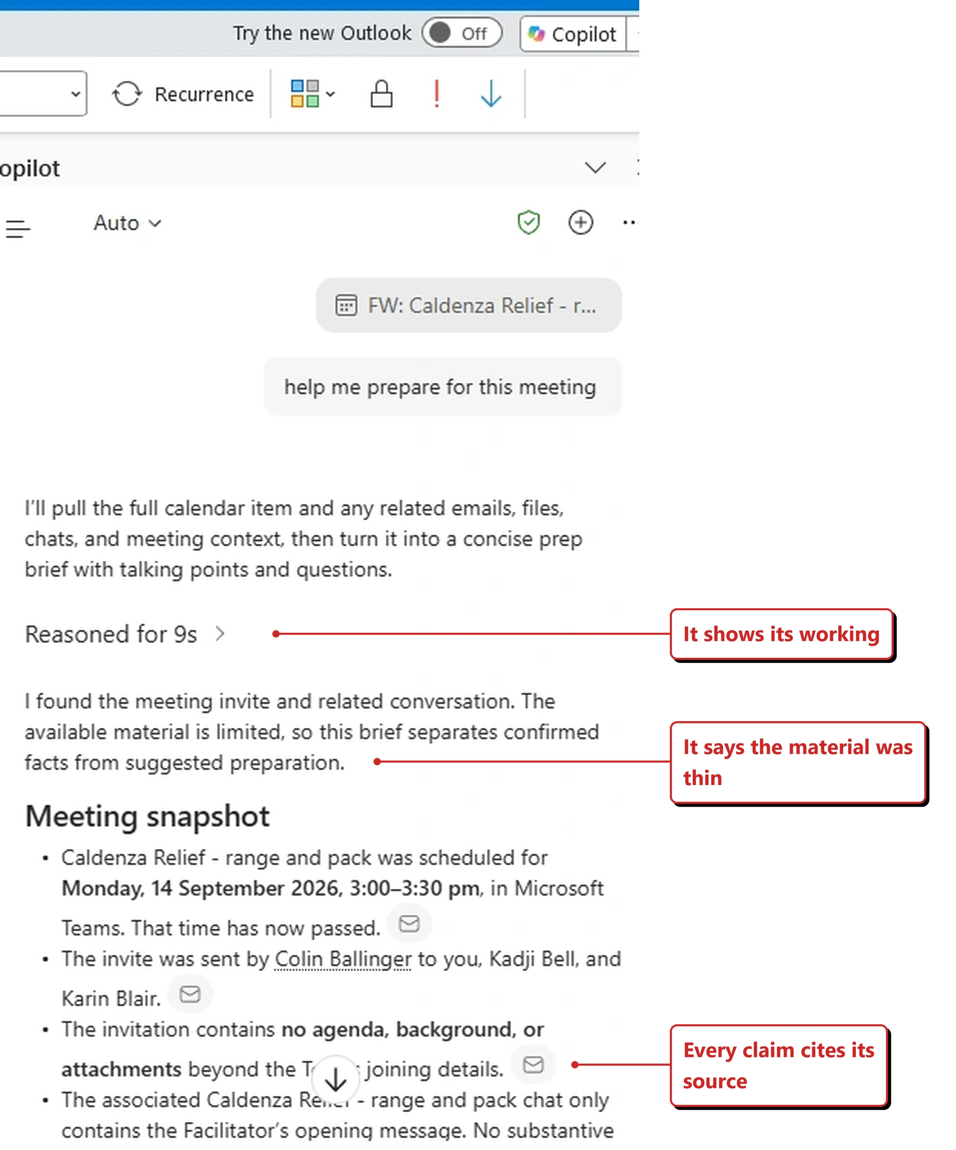 The Copilot pane in classic Outlook for Windows in my own tenant, with the Try the new Outlook toggle set to Off at the top and part of the classic ribbon visible below it. A reference chip reads FW: Caldenza Relief. The prompt reads: help me prepare for this meeting. Copilot replies that it will pull the full calendar item and any related emails, files, chats and meeting context, then turn it into a concise prep brief with talking points and questions. An expandable line reads Reasoned for 9s. The next paragraph reads: I found the meeting invite and related conversation. The available material is limited, so this brief separates confirmed facts from suggested preparation. A Meeting snapshot heading follows with bullets stating the meeting was scheduled for Monday 14 September 2026 at 3:00 to 3:30 pm in Microsoft Teams and that the time has now passed; that the invite was sent by Colin Ballinger to three named people; that the invitation contains no agenda, background or attachments beyond the Teams joining details; and that the associated chat contains only the facilitator's opening message. Each bullet carries a small envelope citation icon. Red callouts added by me read: It shows its working; It says the material was thin; and Every claim cites its source.