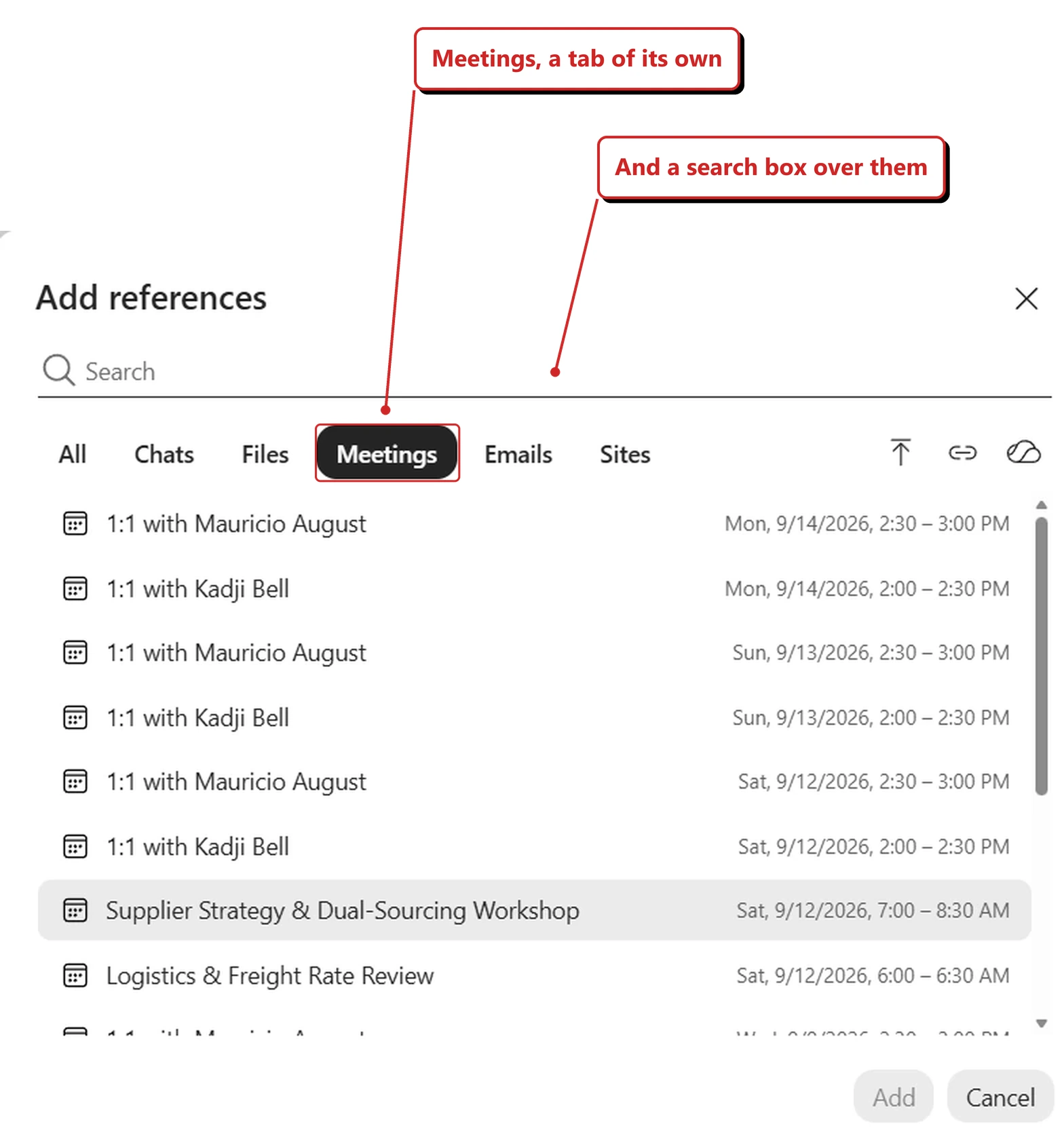 A dialog in my own tenant headed Add references, with a search box beneath it. A row of tabs reads All, Chats, Files, Meetings, Emails and Sites, with Meetings selected as a filled black pill. Icons for upload, link and OneDrive sit at the right of that row. Below is a scrollable list of meetings, each with a calendar icon, a name on the left and a date and time range on the right: repeated one-to-one meetings with two colleagues across 14, 13 and 12 September 2026, a Supplier Strategy and Dual-Sourcing Workshop on Saturday 12 September from 7:00 to 8:30 AM, and a Logistics and Freight Rate Review the same morning. An Add button, greyed out, and a Cancel button sit at the bottom. Red callouts added by me read: Meetings, a tab of its own; and And a search box over them. A red box outlines the matching part of the screen.
