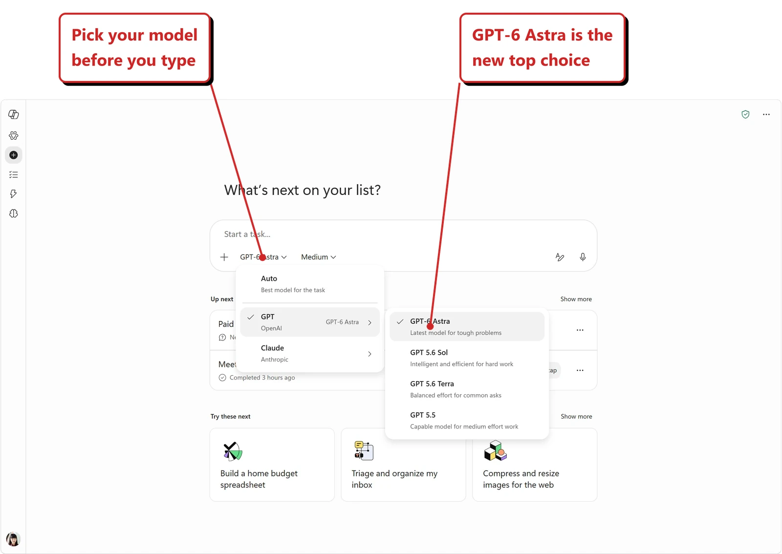 Official Microsoft image of the Copilot model picker. The prompt bar reads Start a task and carries a model chip set to GPT-6 Astra and an effort chip set to Medium. A first menu lists Auto, described as Best model for the task, then vendor groups GPT from OpenAI, which is ticked and expanded, and Claude from Anthropic. The expanded GPT submenu lists GPT-6 Astra, ticked and described as Latest model for tough problems, then GPT 5.6 Sol, Intelligent and efficient for hard work, GPT 5.6 Terra, Balanced effort for common asks, and GPT 5.5, Capable model for medium effort work. Red callouts added by me read: Pick your model before you type; and GPT-6 Astra is the new top choice.
