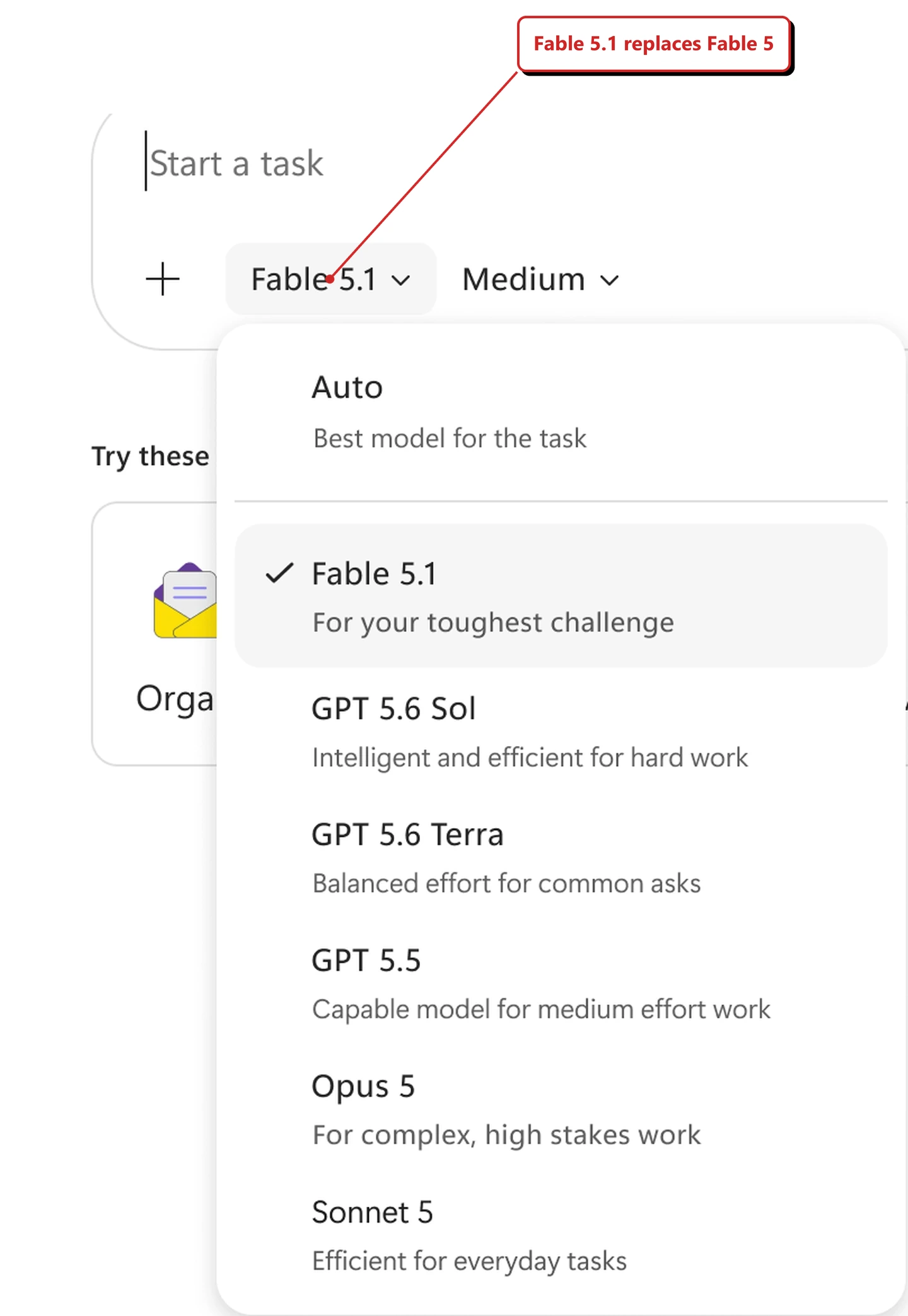 Official Microsoft image of the Copilot desktop app on the Cowork tab, cropped to the task box and the open model picker. The task box reads Start a task and carries a plus button, a model button labelled Fable 5.1 and an effort button labelled Medium. Below it the words Try these begin a row of suggestion cards. The model picker is open and lists Auto, described as Best model for the task, then Fable 5.1, ticked, For your toughest challenge, GPT 5.6 Sol, Intelligent and efficient for hard work, GPT 5.6 Terra, Balanced effort for common asks, GPT 5.5, Capable model for medium effort work, Opus 5, For complex high stakes work, and Sonnet 5, Efficient for everyday tasks. A red callout added by me reads Fable 5.1 replaces Fable 5 and points at the model button.