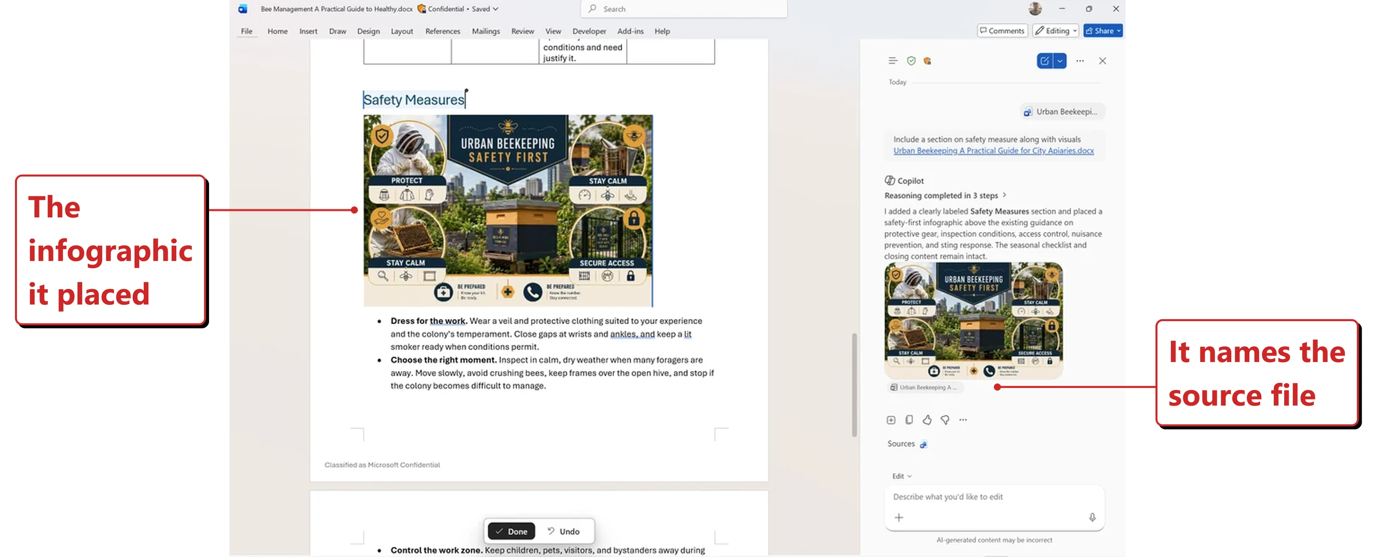 Official Microsoft image of a Word document called Bee Management A Practical Guide to Healthy.docx. A heading reading Safety Measures sits above a large infographic titled Urban Beekeeping Safety First, with panels labelled Protect, Stay Calm and Secure Access. The Copilot pane on the right shows the prompt Include a section on safety measure along with visuals, with a reference document attached called Urban Beekeeping A Practical Guide for City Apiaries.docx. Copilot replies that it added a clearly labeled Safety Measures section and placed a safety-first infographic above the existing guidance, and shows a thumbnail of that same infographic with a source chip naming the reference document. A floating pill offers Done and Undo. Red callouts added by me read: The infographic it placed; and It names the source file.