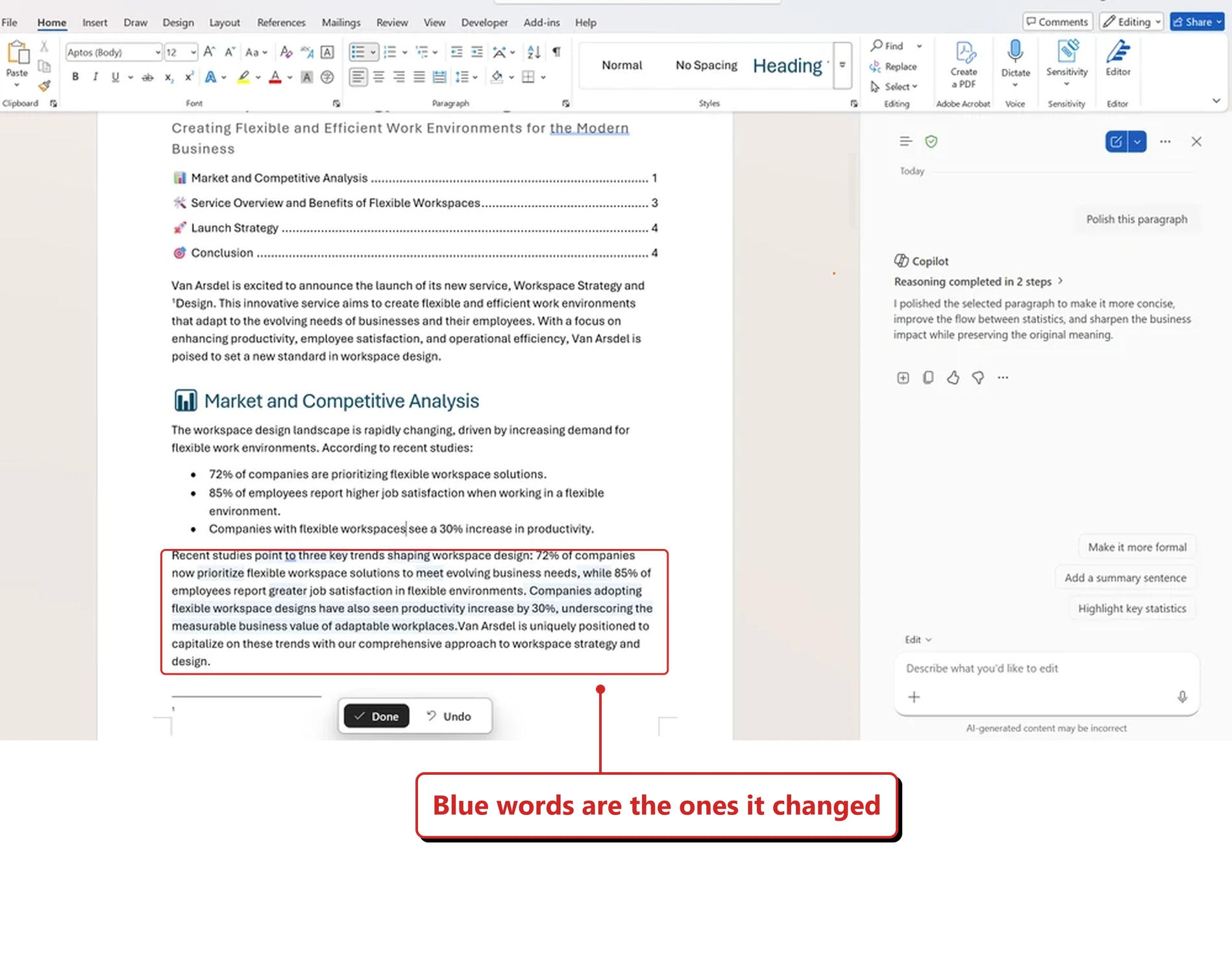 Official Microsoft image of a Word document titled Creating Flexible and Efficient Work Environments for the Modern Business. In one paragraph, blue words are interleaved among black words, showing exactly which words Copilot rewrote and which it left untouched. A floating pill over the page offers Done and Undo. The Copilot pane on the right shows the prompt Polish this paragraph and a reply saying it polished the selected paragraph to make it more concise, improve the flow between statistics and sharpen the business impact while preserving the original meaning, followed by suggestion chips reading Make it more formal, Add a summary sentence and Highlight key statistics. A red callout added by me reads: Blue words are the ones it changed. A red box outlines the matching part of the screen.
