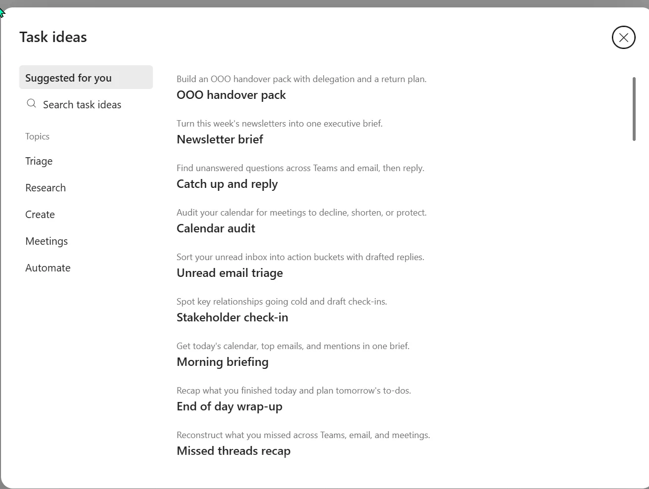 Cowork Task ideas gallery showing suggested tasks grouped by topic — Triage, Research, Create, Meetings, Automate — including OOO handover pack, Newsletter brief, Calendar audit, Unread email triage, Stakeholder check-in, Morning briefing, and End of day wrap-up.