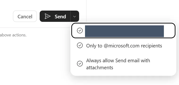 The Send button dropdown in Cowork showing skip-future-prompt options — only to a specific redacted address, only to recipients in your own domain, and always allow Send email with attachments.