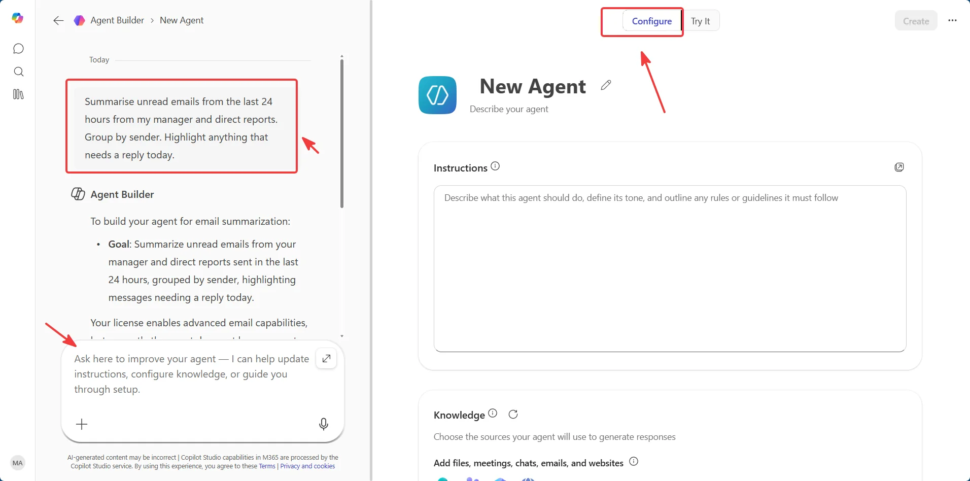 Agent Builder workspace split into two panes — left pane shows a Describe chat with the user's request 'Summarise unread emails from the last 24 hours from my manager and direct reports. Group by sender. Highlight anything that needs a reply today.' and Agent Builder's reply outlining the agent's goal. Right pane shows the Configure tab highlighted at the top (next to a Try It tab), with the New Agent header, an Instructions field with placeholder text, and the Knowledge section starting below. A Create button sits top right.
