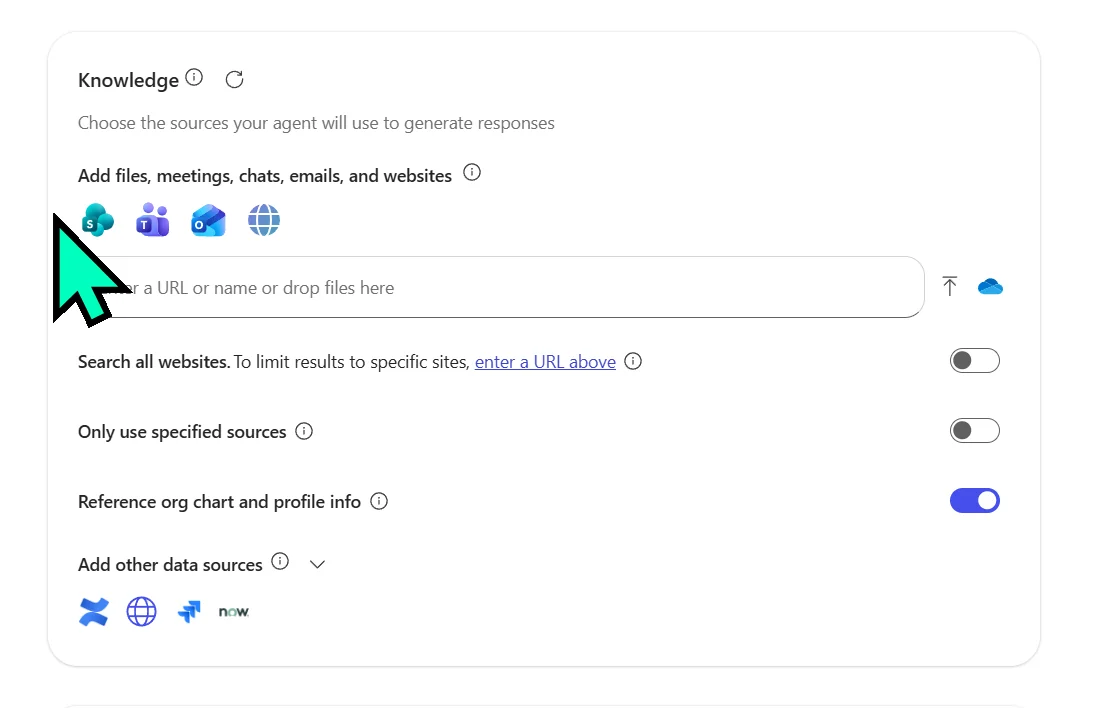 Knowledge section in Agent Builder showing the heading 'Add files, meetings, chats, emails, and websites' with four connector icons in a row — SharePoint, Teams, Outlook, and Web (globe). Below them is an input box reading 'Enter a URL or name or drop files here' with an upload arrow and OneDrive cloud icon on the right. Three toggle rows follow — 'Search all websites' (off), 'Only use specified sources' (off), and 'Reference org chart and profile info' (on by default, highlighted blue). At the bottom an 'Add other data sources' dropdown shows four more connector icons including ServiceNow.
