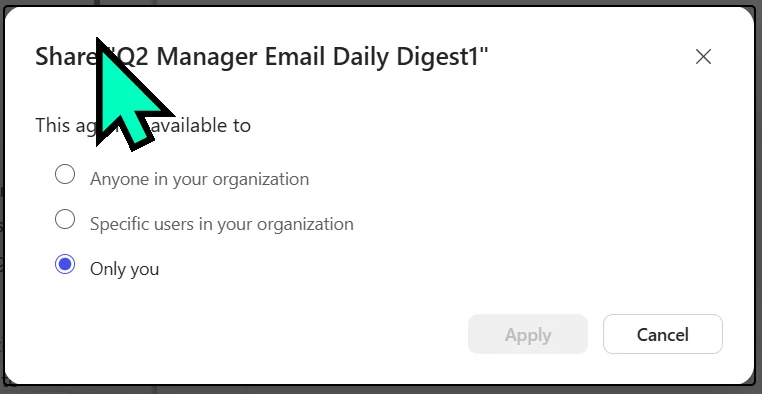 Share dialog for an Agent Builder agent showing the August 2026 model — an audience selector (Only you, Specific people or groups, Anyone in your organization) plus an owners area for adding co-owners who can edit the agent, and options to copy a chat link or an edit link.