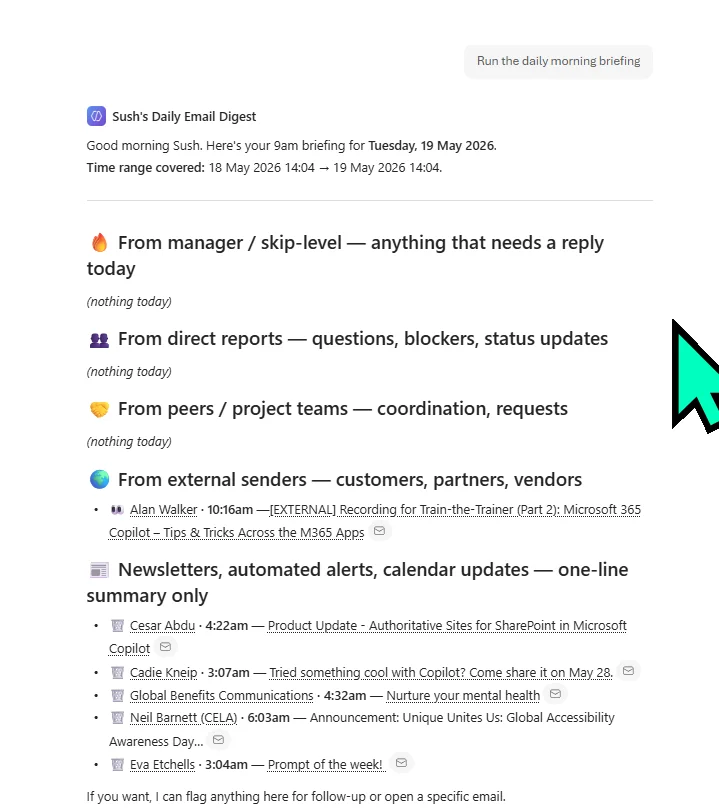 Sush's Daily Email Digest agent running inside Microsoft 365 Copilot. The user prompt 'Run the daily morning briefing' appears in the top right corner. The agent's response opens with 'Good morning Sush. Here's your 9am briefing for Tuesday, 19 May 2026.' and 'Time range covered: 18 May 2026 14:04 → 19 May 2026 14:04.' Five buckets follow — '🔥 From manager / skip-level — anything that needs a reply today' with '(nothing today)' below, '👥 From direct reports — questions, blockers, status updates' with '(nothing today)', '🤝 From peers / project teams — coordination, requests' with '(nothing today)', '🌍 From external senders — customers, partners, vendors' with a single bullet listing Alan Walker · 10:16am — [EXTERNAL] Recording for Train-the-Trainer (Part 2), and '📰 Newsletters, automated alerts, calendar updates — one-line summary only' with five bulleted items listing Cesar Abdu, Cadie Kneip, Global Benefits Communications, Neil Barnett, and Eva Etchells with their times and email subjects. Closing line: 'If you want, I can flag anything here for follow-up or open a specific email.'
