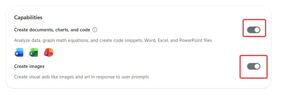 Capabilities section in Agent Builder showing two capability toggles — 'Create documents, charts, and code' (with Word, Excel and PowerPoint icons underneath, described as 'Analyze data, graph math equations, and create code snippets, Word, Excel, and PowerPoint files') and 'Create images' (described as 'Create visual aids like images and art in response to user prompts'). Both toggles are visible.