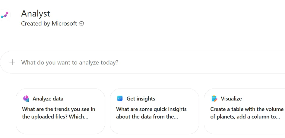The Analyst agent home in the Microsoft 365 Copilot app, headed 'Analyst — Created by Microsoft', with a 'What do you want to analyze today?' prompt box and three prompt-starter cards: Analyze data, Get insights, and Visualize.