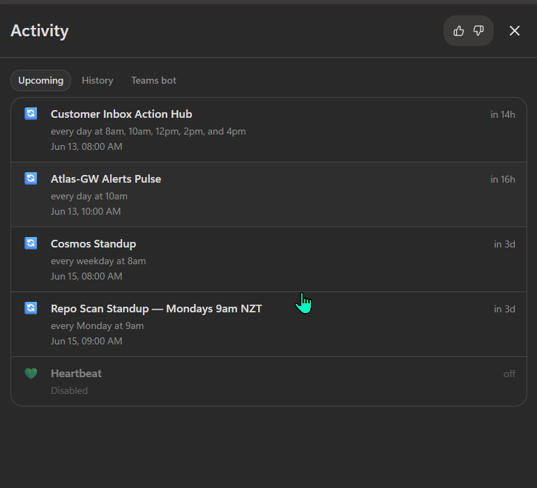 Microsoft Scout's Activity page in dark mode. Three tabs at the top: Upcoming (selected), History, Teams bot. Four named upcoming automations are listed as rows with a refresh-style icon on the left: 'Customer Inbox Action Hub' every day at 8am, 10am, 12pm, 2pm, and 4pm — next Jun 13 08:00 AM, in 14h. 'Atlas-GW Alerts Pulse' every day at 10am — next Jun 13 10:00 AM, in 16h. 'Cosmos Standup' every weekday at 8am — next Jun 15 08:00 AM, in 3d. 'Repo Scan Standup — Mondays 9am NZT' every Monday at 9am — next Jun 15 09:00 AM, in 3d. Below those a fifth row 'Heartbeat' is shown as Disabled with 'off' on the right.