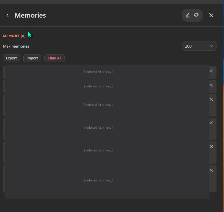 Scout Memories panel · 6 entries · Max memories: 200 · Export / Import / Clear All controls · entry content redacted for this blog · each entry has its own delete X Scout Memories panel with full controls — Max memories 200 dropdown, Export, Import, Clear All buttons, and 6 stored entries (content redacted for privacy)